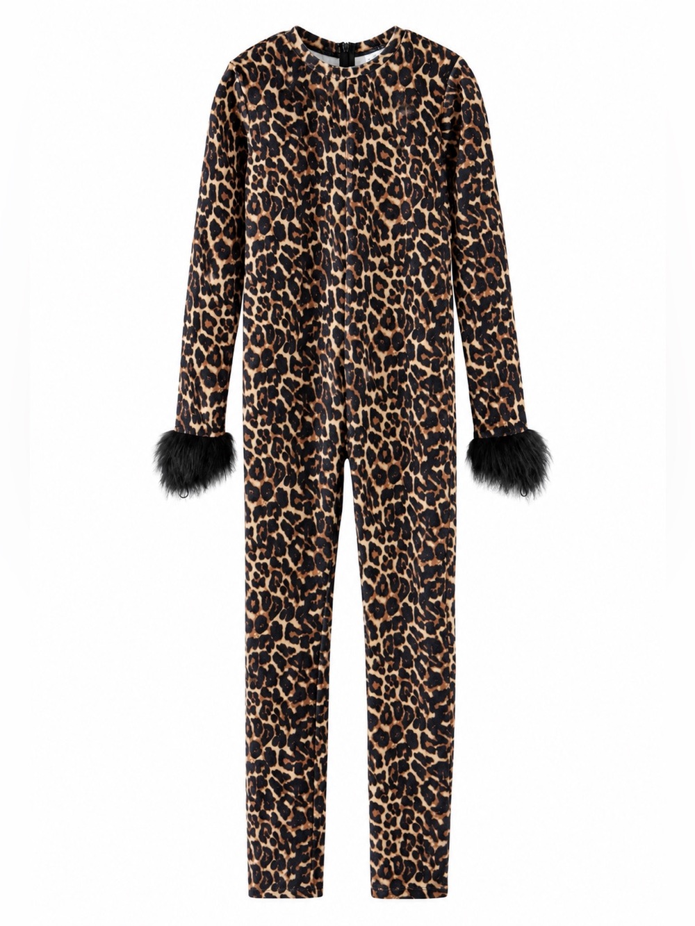 Zara Leopard-Print Velvet jumpsuit Black Faux Fur Cuffs Zip Stretchy Size 13-14